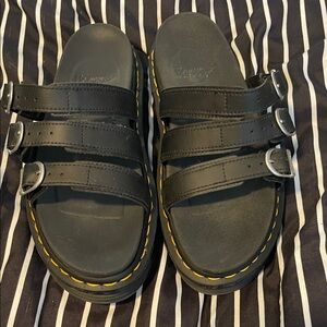Dr. Martens Black Triple-Strap Slide Sandals with Yellow Stitching